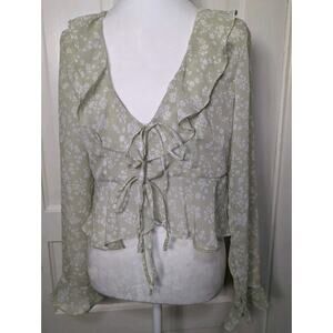 Floral Ruffle Peplum Boho Semi Sheer Women's Blouse Cropped Size Med (842)